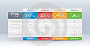 Price comparison table layout template for four products