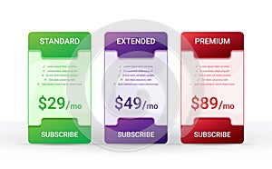 Price comparison table layout template for three products