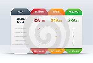 Price comparison table layout template for three products