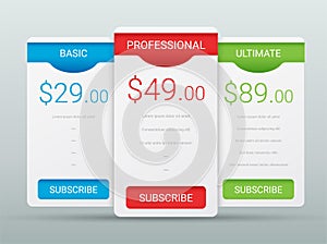 Price comparison table layout template for three products