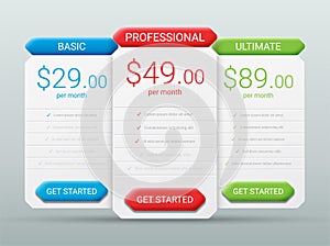 Price comparison table layout template for three products