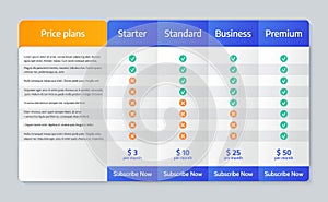 Price comparison table. Vector illustration. Chart plan template