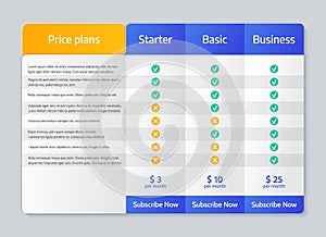 Price comparison table. Vector illustration. Chart plan template