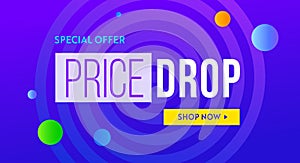 Price drop banner design. Low price poster, cheap vector template. Price drop falling prices and Business downturn