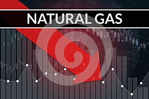 Price drope on Natural gas futures ticker NG in world on gray and red financial background from numbers, graphs, pillars,