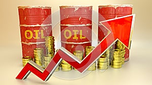 The price of fuel rising up 3D render - red oil barels and arrow