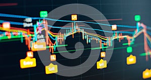 Price graph and indicator, red and green candlestick chart on blue theme screen, market volatility, up and down trend. Stock