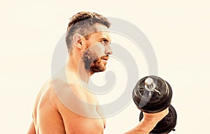 Price of greatness is responsibility. Dumbbell exercise gym. Muscular man exercising with dumbbell. Sportsman with