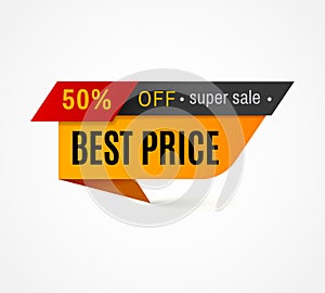 Price label. Special offer sale tag. 50 off discount sticker, retail badge vector template