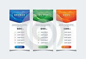 Price list design template with 3 columns comparative table vector