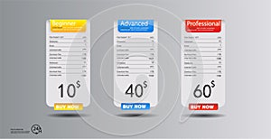 Price list, hosting plans and web boxes banners design. three tariffs. interface for the site. ui ux vector banner for web app.