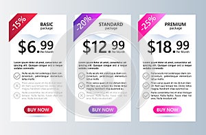 Price list with sale menu. User interface panel product price package box and button buy now. Template Design UX/UI vector