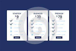 Price list set. Three tariff plans. Pricing table for business. Starter, Business and Premium plan. Clean modern UI UX design