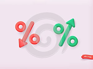 Price low down and up icon concept. Interest low price 3d percent discount vector iconPercentage with arrow up and down. 3D Web