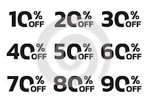 Price off label or badge set. Sale icons or tags with 10, 20, 30, 40, 50, 60, 70, 80, 90 percent discount. Vector illustration.