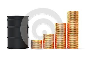Price oil brent grow up rise concept. Pile of gold coins. Black oil barrel and money gold coins. 3d illustration