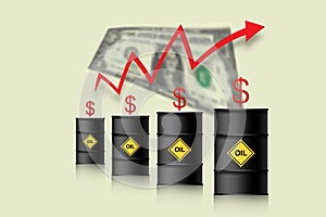 The price of oil is rising. Barrels of oil, dollar and infographics with a red up arrow. Rising crude oil prices concept, vector