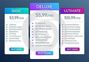 Price plan template. Pricing table for web hosting. Vector illustration.