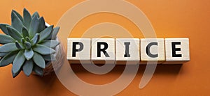 Price symbol. Wooden cubes with word Price. Beautiful orange background with succulent plant. Businessman abd Price concept. Copy