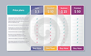 Price table comparison template with 4 columns. Vector illustration