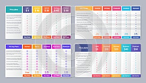 Price table comparison template with 5 columns. Vector illustration