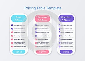 Price table comparison template with 3 columns. Vector illustration
