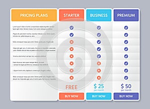 Price table comparison template with 3 columns. Vector illustration