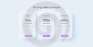 Price table concept in realistic neuromorphism vector design. Pricing or subscription plan ui web elements. Website marketing or