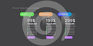 Price table concept vector design template. Pricing or subscription plan ui web elements. Website marketing and