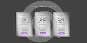 Price table concept vector design template. Pricing or subscription plan ui web elements. Website marketing and