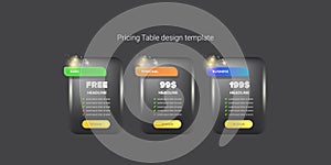 Price table concept vector design template. Pricing or subscription plan ui web elements. Website marketing and
