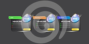 Price table concept vector design template. Pricing or subscription plan ui web elements. Website marketing and