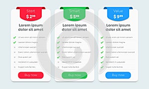 Price table plan vector web design. Product price plan comparison options Start, Smart and Value subscription plan photo