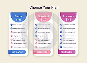 Price table plans. Comparison chart template. Pricing data grid. Comparative subscription