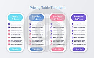 Price table chart template with 4 columns. Vector illustration