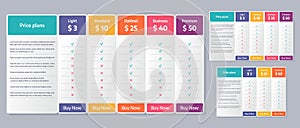 Price table template. Vector illustration. Comparison plan chart