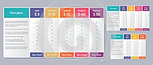 Price table template. Vector illustration. Comparison plan chart