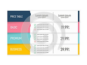 Price table for websites and applications. Business template.