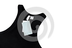Price tag hang over black t-shirt on white  background - Image