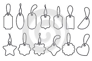Price tag icons set. Outline gift labels for sale and discount product. Baggage signs collection with ribbons. Simple