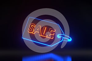 Price tag, label, discount coupon with inscription sale with bright glowing futuristic blue and orange neon lights