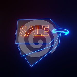 Price tag, label, discount coupon with inscription sale with bright glowing futuristic blue and orange neon lights