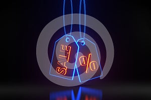 Price tag, label, discount coupon with percent sign and inscription sale with bright glowing futuristic neon lights