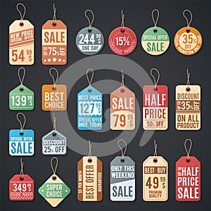 Price tags and sale labels with thread