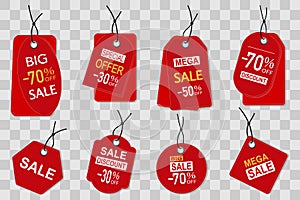 Price tags set. Red sale banners, labels, stickers, tags