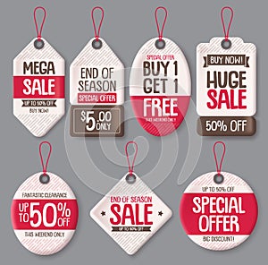 Price tags template vector set. Paper sale tags in white color with mega sale discount text