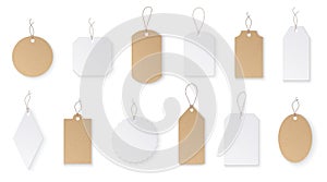 Price tags. White paper blank hanging labels with string. Cardboard shop signs mockups for christmas gifts isolated