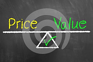 Price value balance drawing and text on chalkboard or blackboard
