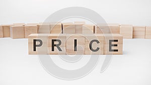 price word, text, written on wooden cubes, building blocks, over white background