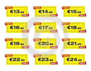 Price €13.99 - €24.99 only, Price Label, Price tag, discount, stickers template for retail store, vector illustration